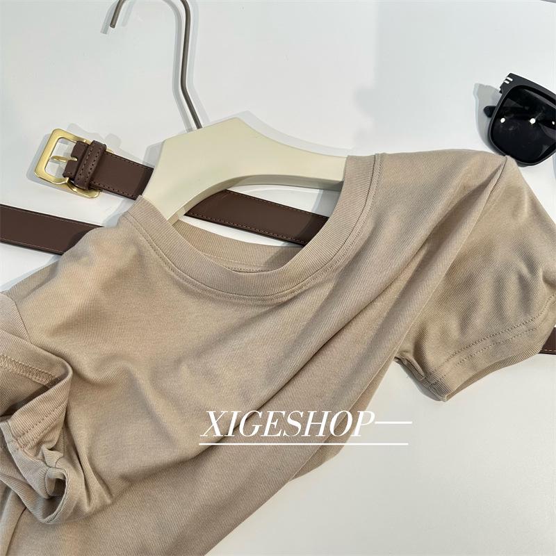 

Женская футболка с короткими рукавами и круглым вырезом из лиоцелла и тенселя – простая, дышащая, утягивающая, универсальная, шелковая майка для лета Medium бежевый