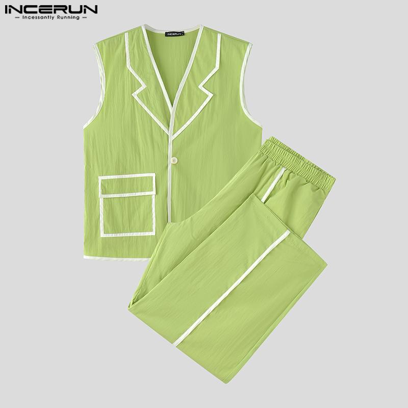 INCERUN Men Outfits Stitching Sleeveless Waistcoat Long Pants Loose Sets