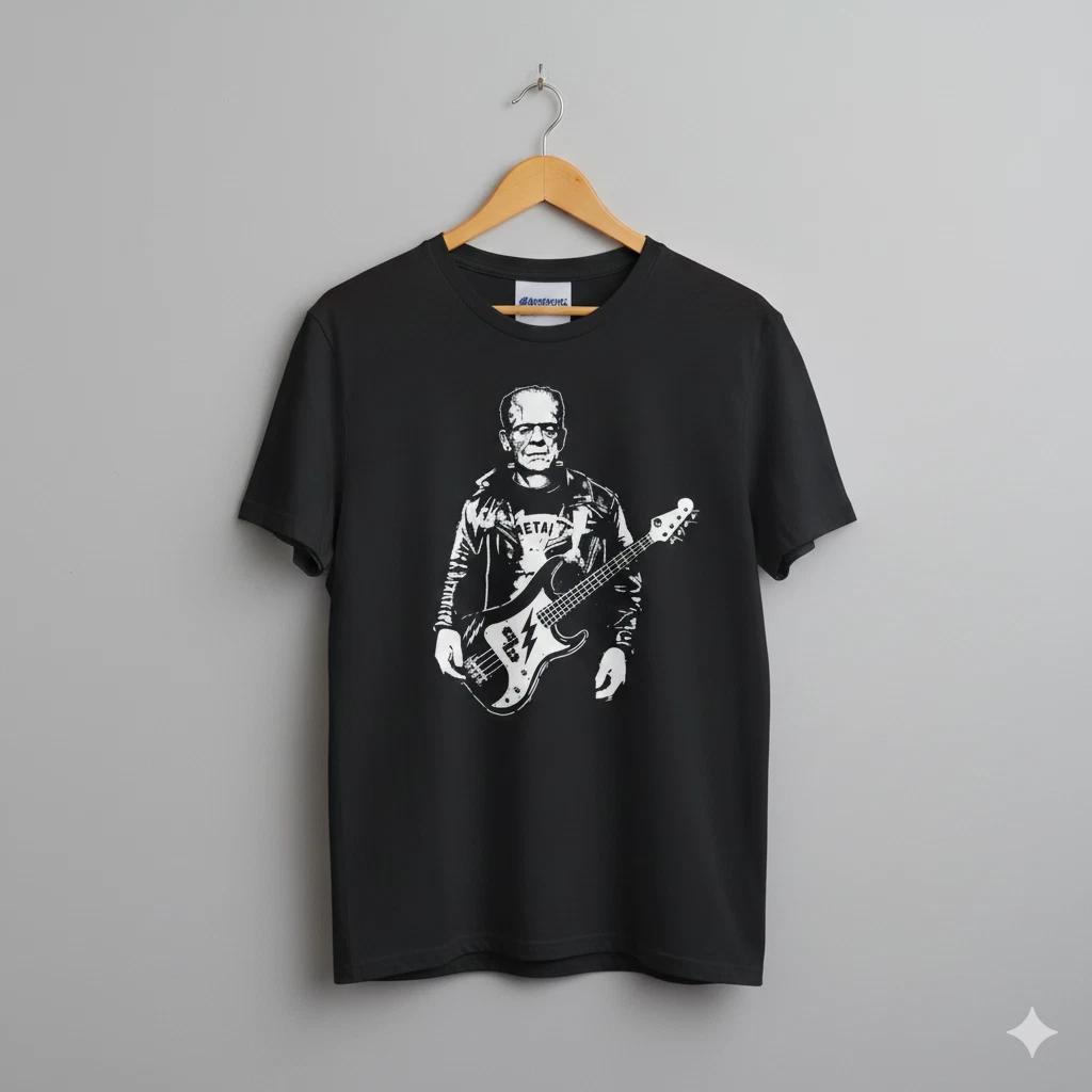 Frankenstein Punk Rock Bass Guitar Graphic T-Shirt Unisex Black - S053 S