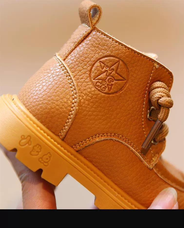 Children's Yellow Leather Martin Boots: Soft Sole Autumn/Winter Toddler Walking Shoes for Boys and Girls.