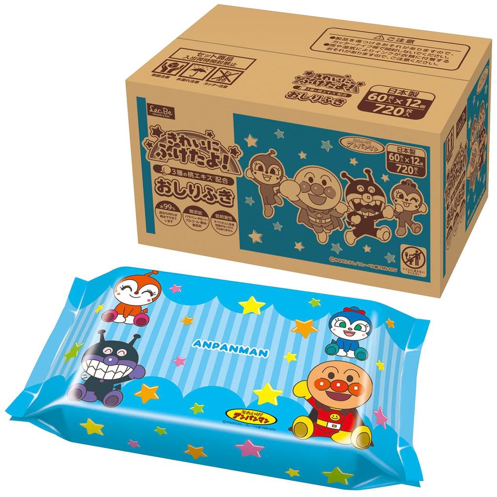 LEC Anpanman Pure Water Baby Thick Sheets Sheets X 12 Made In Contains 3 Types of Peach Extract 99% Wipes, Bumpy, (60 Packs), Japan, Hypoallergenic,