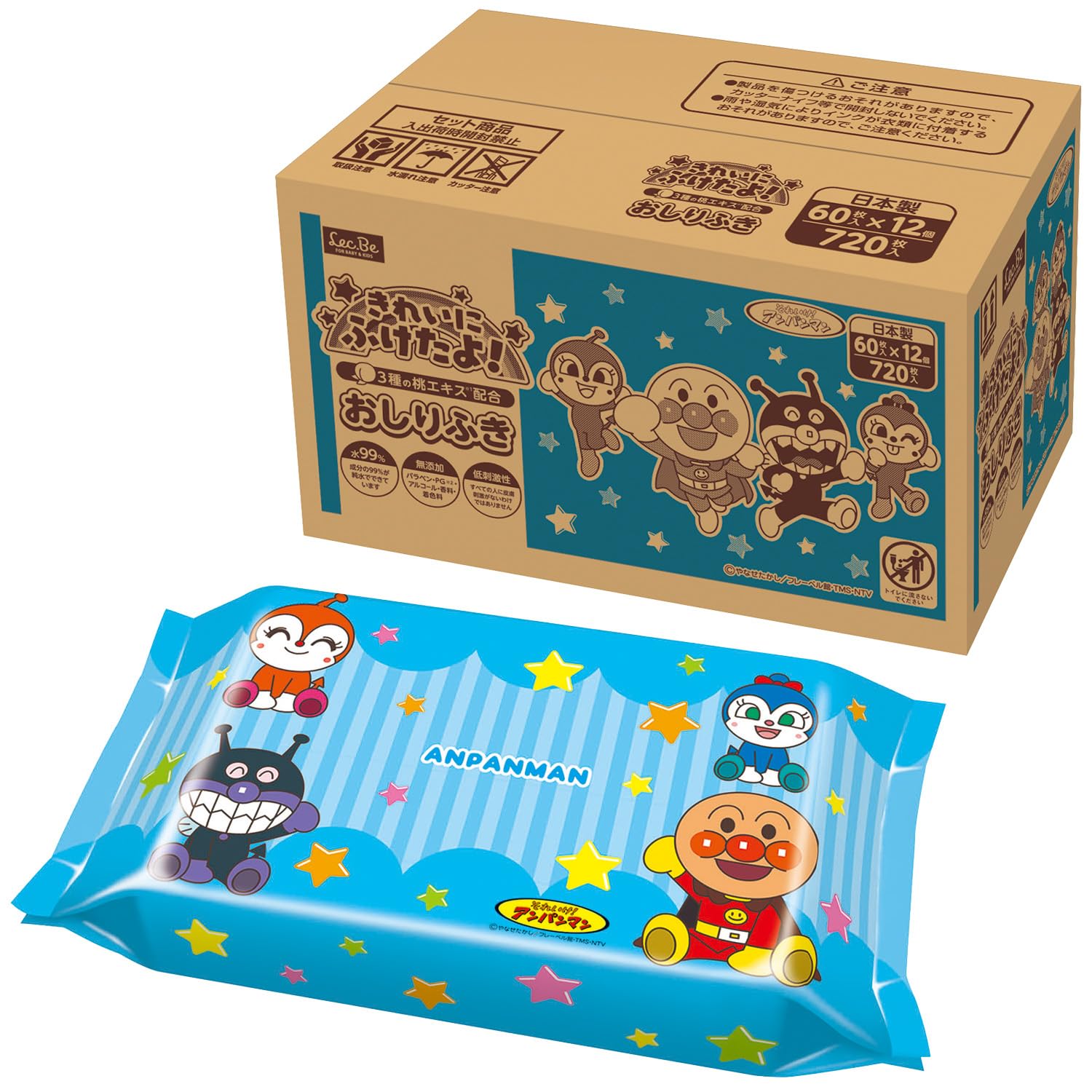 

LEC Anpanman Pure Water Baby Thick Sheets sheets x 12 Made in Contains 3 Types of Peach Extract 99% Wipes, Bumpy, (60 packs), Japan, Hypoallergenic,