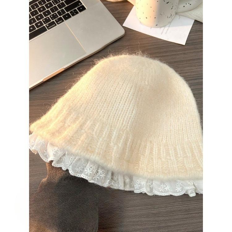 Lace Fisherman Hat for Women In Autumn and Winter Warm Ear Protection Basin Hat  Fashionable Korean Style Face Showing Small Knitted Woolen Hat