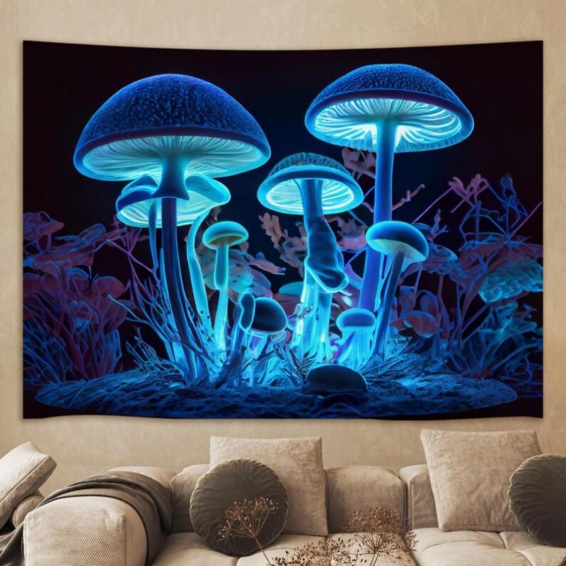Neon Glowing Mushroom Tapestry UV Reactive Fantasy Forest Wall Art for Aesthetic Dorm Bedroom Living Room Home Decor 100X70CM