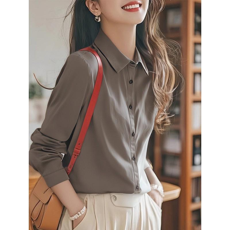Womens Long Sleeve Cotton Shirt White Blue Pink Yellow Beige Camel Slim Fit Office Work Blouse Professional