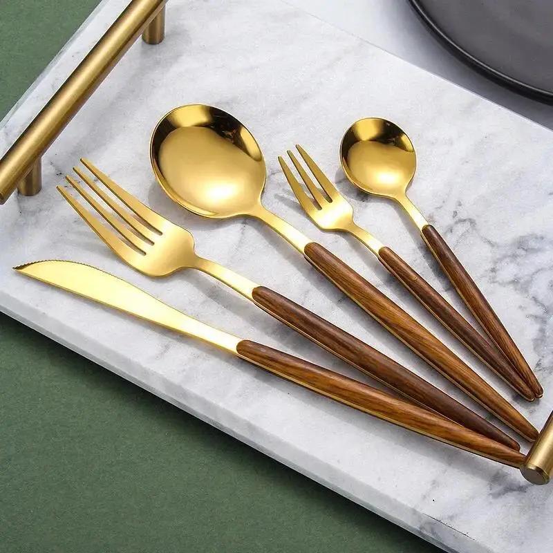5Pcs/Set Sliver Gold Cutlery Set Wooden Handle Stainless Steel Knife Fork Spoon Candlelight Dinner Knife Fork Spoon Tableware