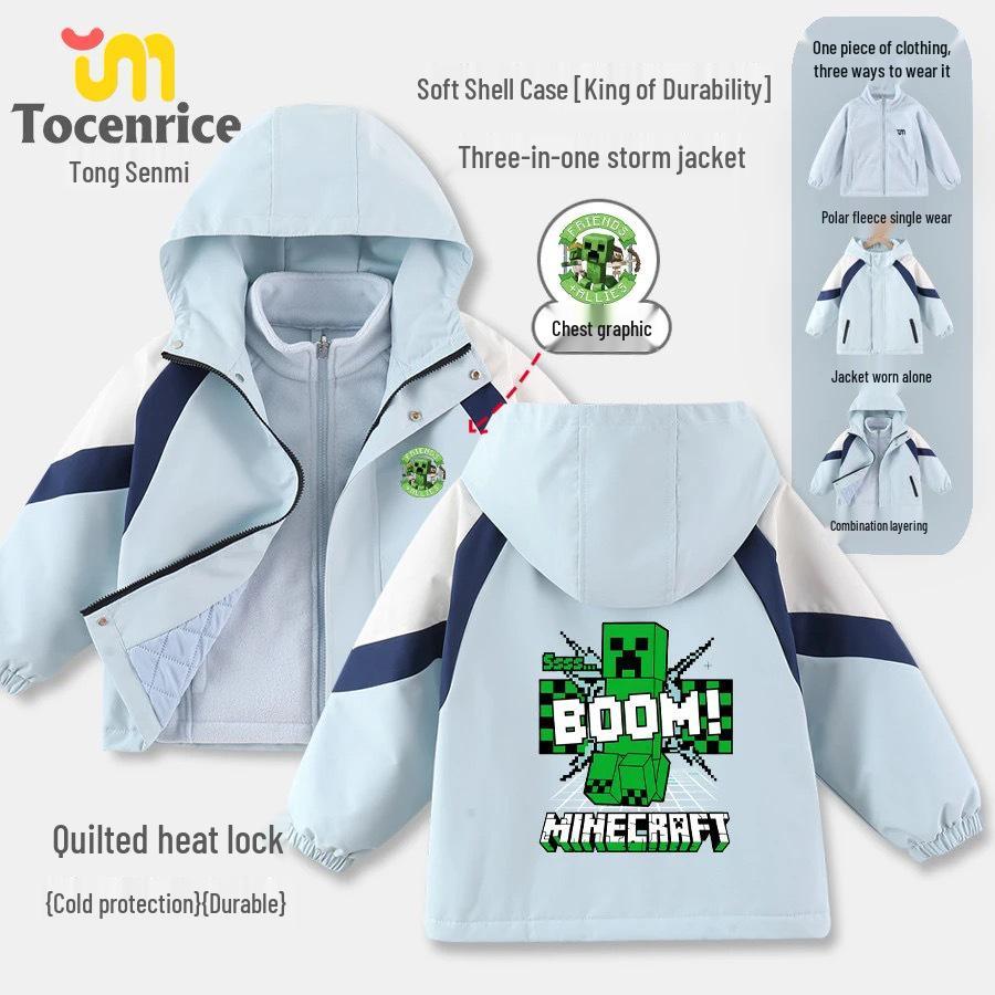 Dětská střední/velká kreslená větrovka Minecraft: 3v1 podzimní/zimní softshellová bunda