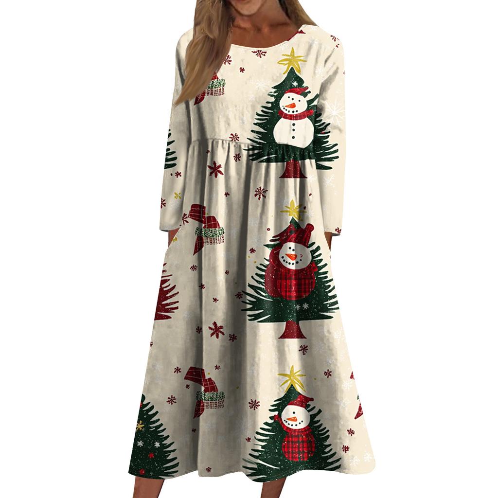 Damen Freizeitkleid mit Rundhalsausschnitt, Weihnachtsdruck, mittellang, langärmlig mit Tasche