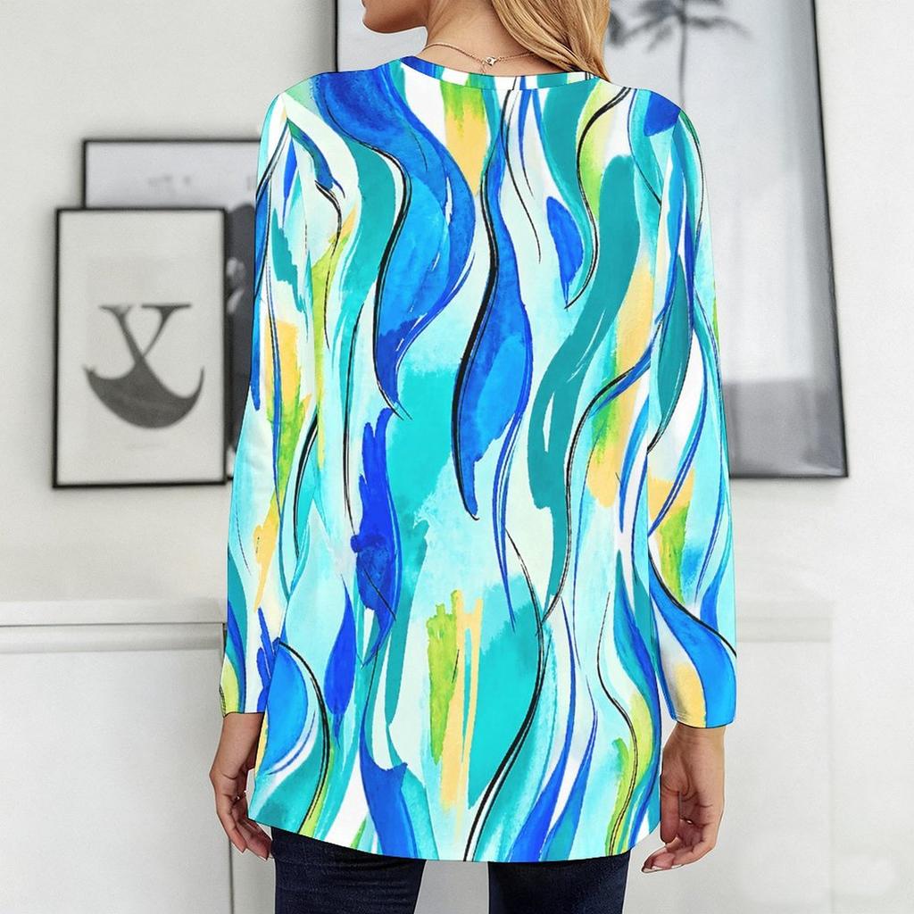 Women Plus Size Round Neck Printed Long Sleeve T Shirt Blue Brown Loose Fit Longline With Pockets