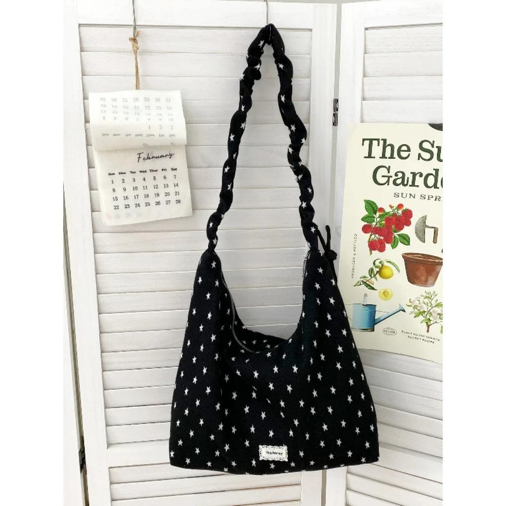 Korean Star Print Crossbody Bag for Women, Black White Large Capacity Hobo Shoulder Purse, Casual Versatile Handbag for School