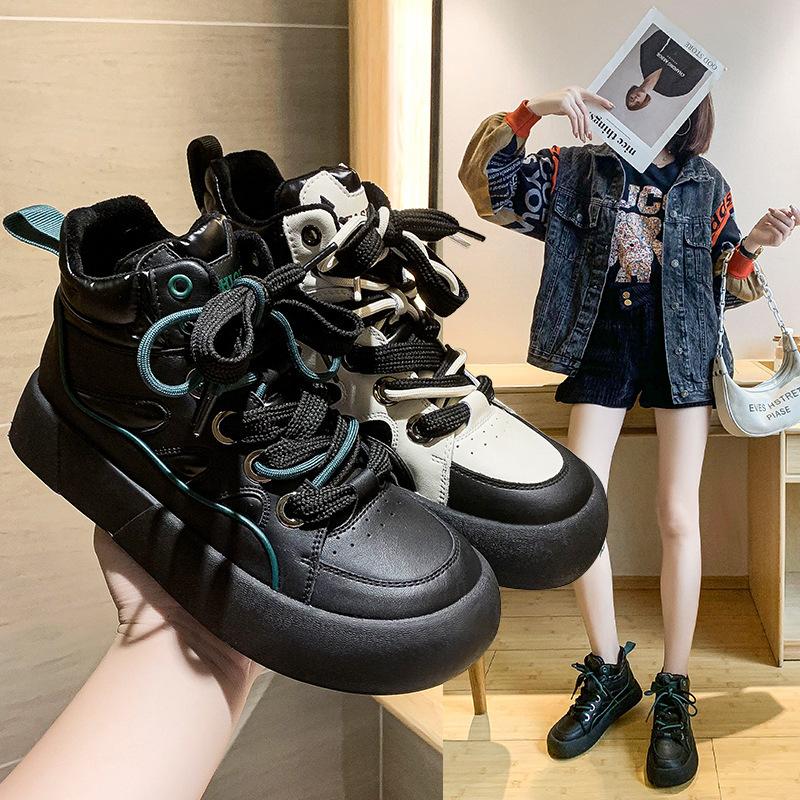 Cheap Autumn and Winter Sports Shoes Round Toe Straps Plus Velvet Color Matching Casual Platform