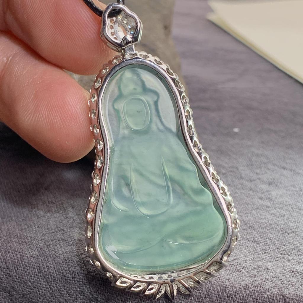 Natural A-Grade Ice Blue Jade Guanyin with 18K Gold-Inlaid 925 Silver and Pavé Rhinestones.