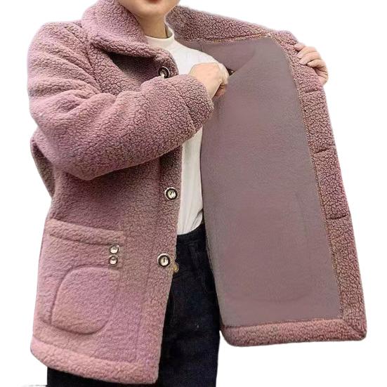 Cappotto invernale in pile spesso monopetto con tasche laterali, collo rovesciato, antifreddo, tinta unita, maniche lunghe, giacca esterna