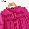 VONDA Women Summer Bow Kont Round Neck Lace Crochet Patchwork Casual Ruffled Blouse
