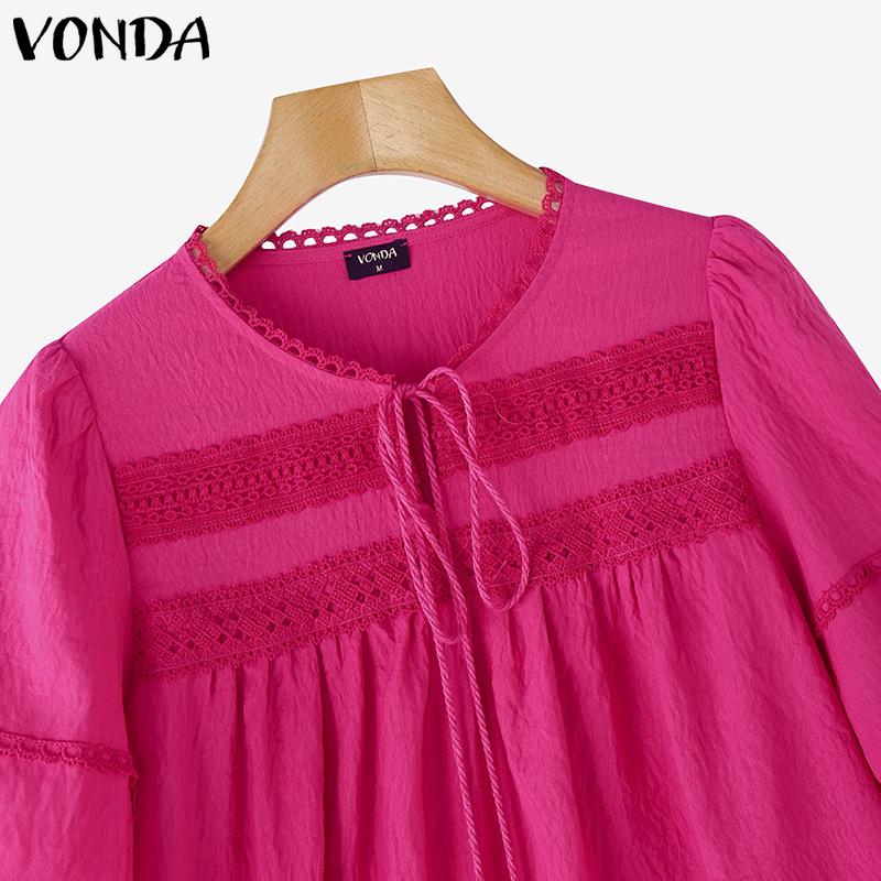 VONDA Women Summer Bow Kont Round Neck Lace Crochet Patchwork Casual Ruffled Blouse