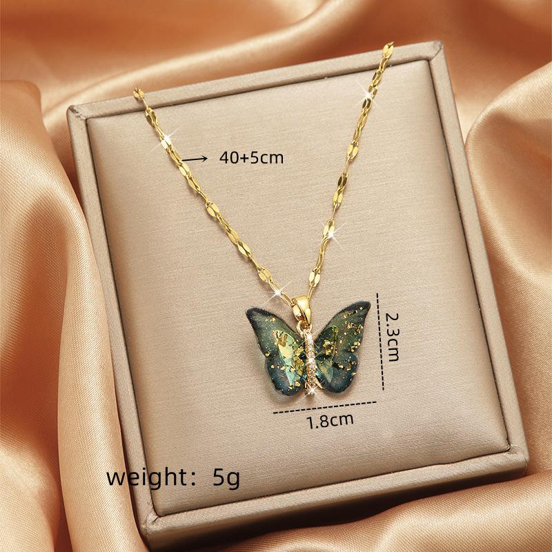 1pcs Gold Butterfly Series Copper Encrusted Zircon Pendant Titanium Steel Chain Simple And Elegant Necklace