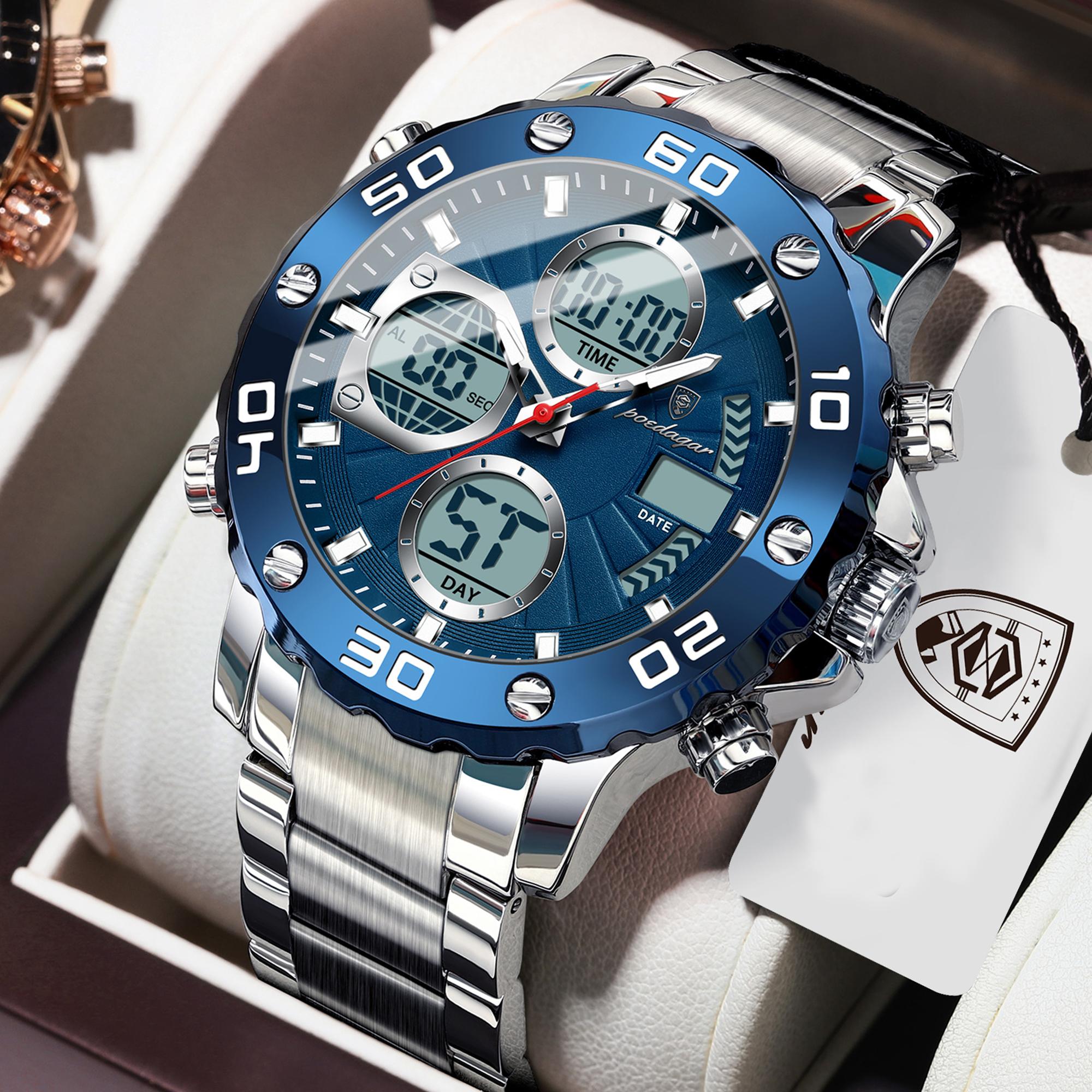 POEDAGAR Functional Men s Quartz Wristwatch Electronic LED Alarm Dual Display Clock Waterproof Sports Watches for Men Reloj синий/серебряный