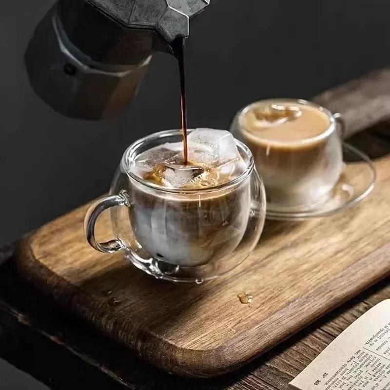 150/250ml Double Wall Glass Coffee Cup With Saucers And Spoon Heat Resistant Espresso Cups With Handle Mug Drinkware Milk Teacup