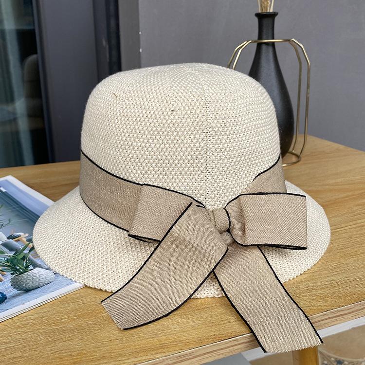 

Весенне-летняя женская тонкая вязаная шапка с лентой и бантом, дышащая, солнцезащитная, для улицы One size бежевый