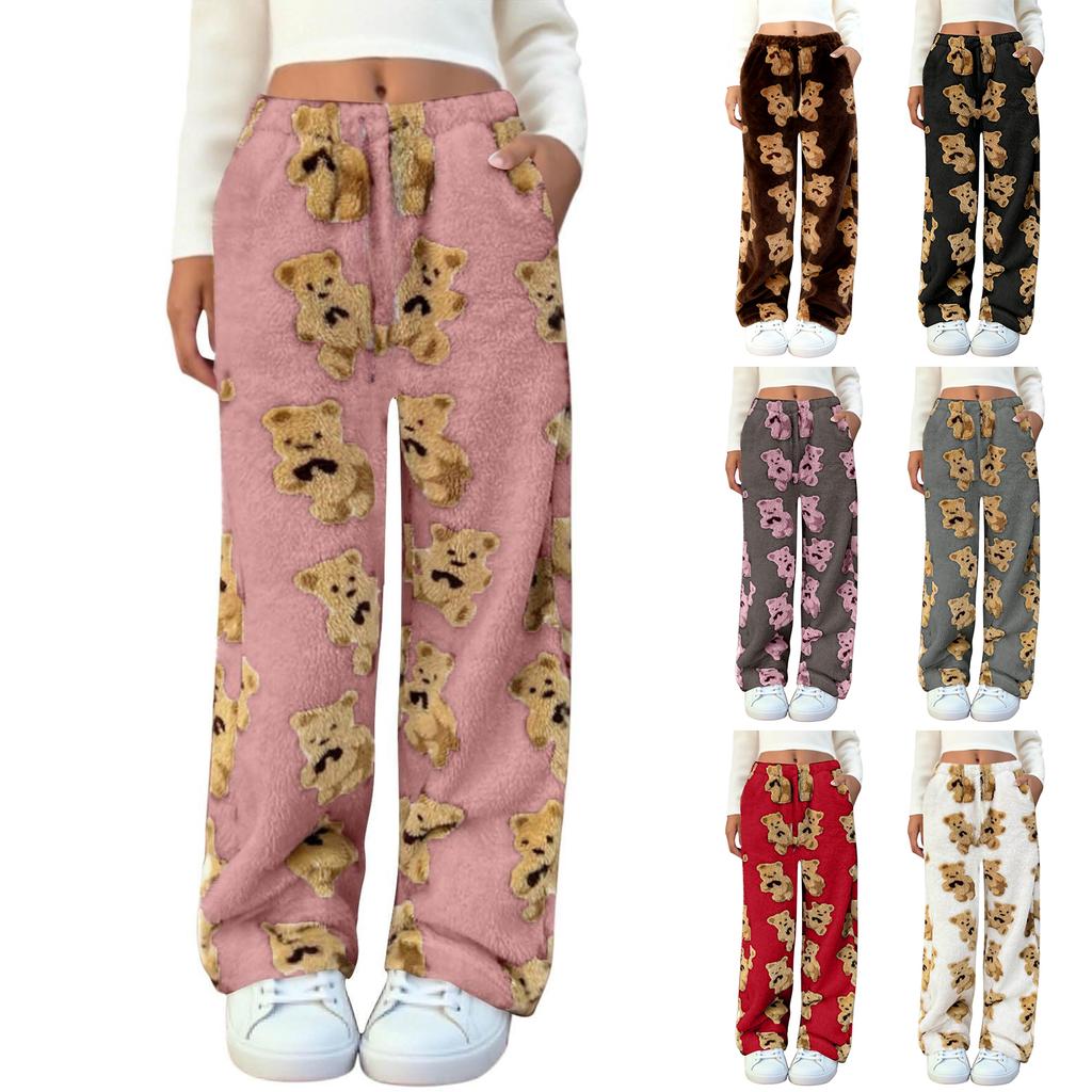 Pantalon de Pyjama en Peluche Ours Mignon pour Femmes avec Poche Jambe Large Pantalon Décontracté en Peluche