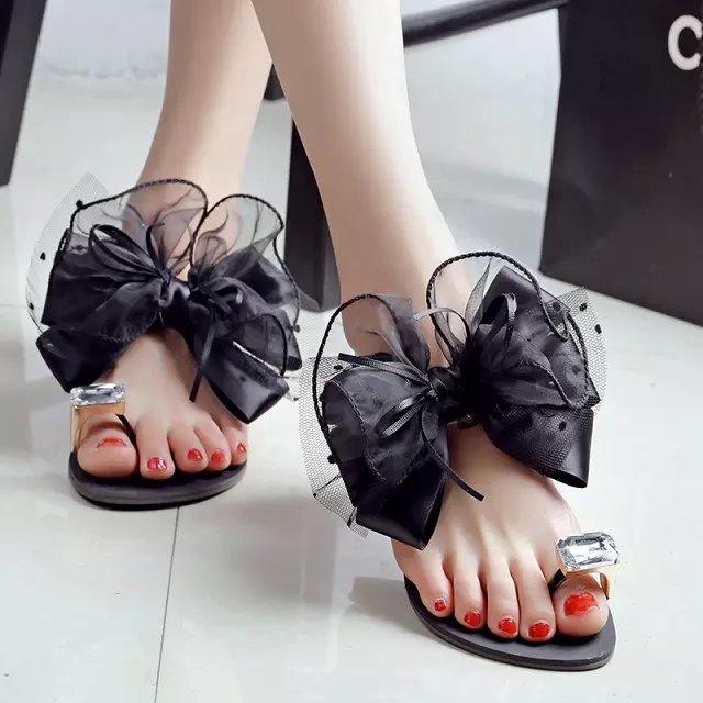 Summer new flat-bottomed crystal flower women's sandals lace bow one-word set of toe rhinestone slippers