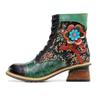 Johnature Plateaustiefel aus echtem Leder, Schnür-Damenschuhe, Blumenmuster, runde Zehen, Nähen, Prägung, Stiefeletten