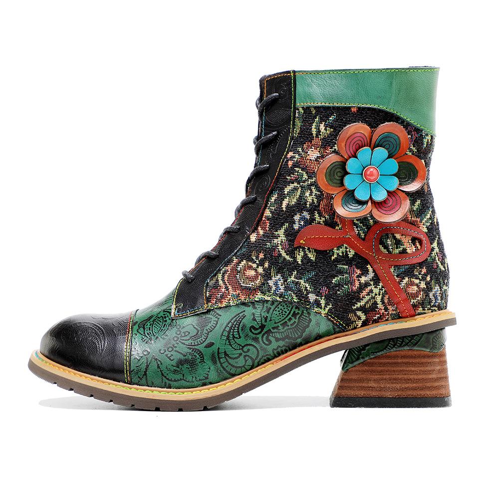 Johnature Plateaustiefel aus echtem Leder, Schnür-Damenschuhe, Blumenmuster, runde Zehen, Nähen, Prägung, Stiefeletten