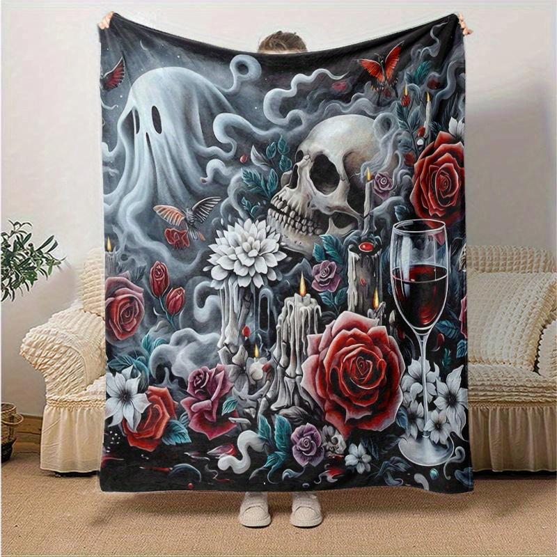 1pc Skulls Roses Candles and Wine Blanket Soft, Warm Cozy Bedding Decor, Living Room, Travel, Camping, Car Blankets