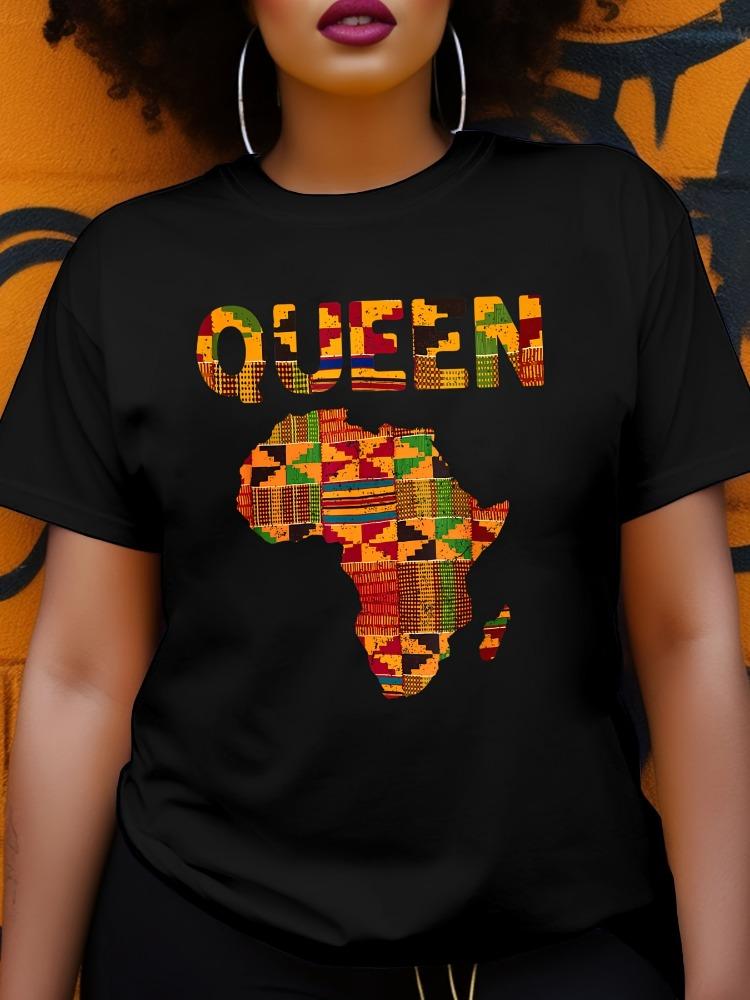 Women African Queen Kente Pattern T-Shirt Bold QUEEN Lettering Print and Vibrant African Map Casual Short-sleeved Round Neck Top 4XL