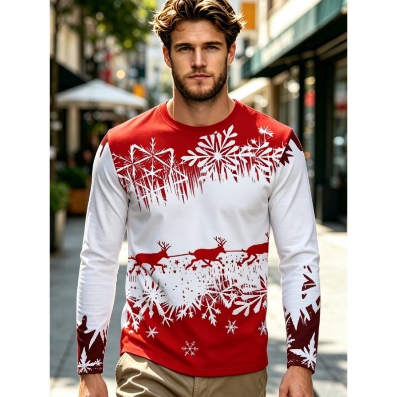 Men's Winter Christmas Themed Long-Sleeve T-Shirt with Stylish Cartoon Print, Crew Neck. Casual Loose-Fit Long-Sleeve Crew Neck Top