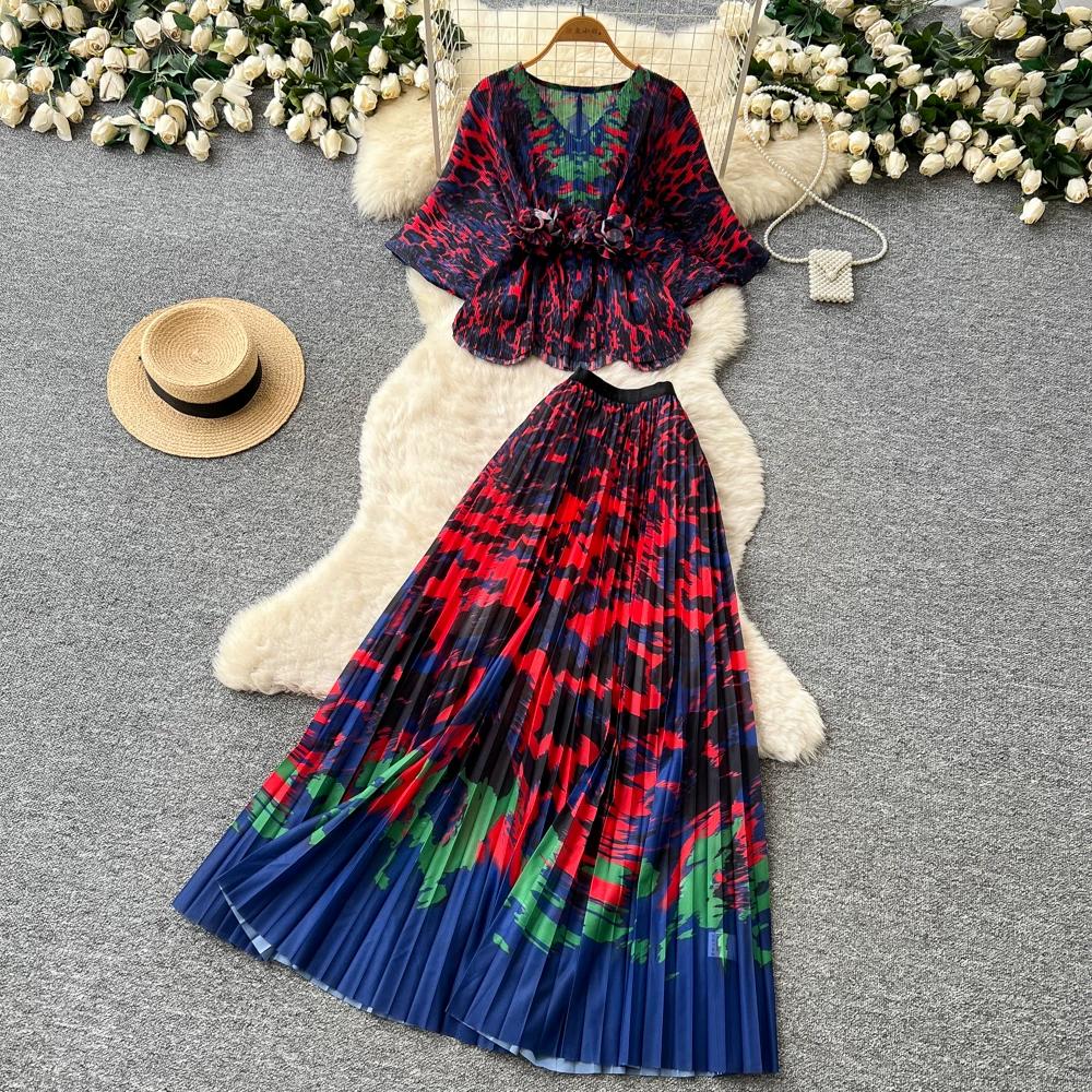 

Women s Two-Piece Set with 3D Handmade Flower Pleated Waist Maxi Skirt Loose Fit Casual Elegant Women s Clothing One Size