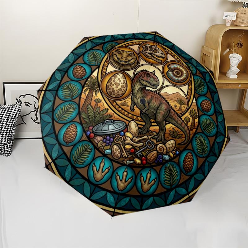 Dinosaur Glass Art Pattern Umbrella, Portable and Foldable Design, 8 Ribs, a Casual Accessory for Halloween, Christmas, and Birthday Gifts.