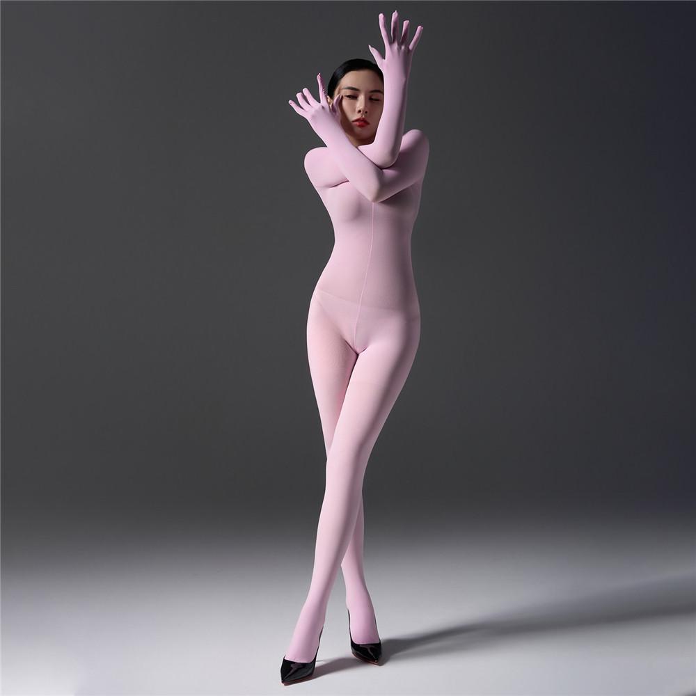 Sexy Women 120D Tights Hooded Mask Elastic Bodysuit Sheer See Through Rompers Glove Jumpsuits Cosplay Maid Leotard
