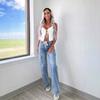 Womens Straight Cut Denim Cargo Pants With Multiple Pockets Casual Streetwear Style Mid-Rise Medium Stretch
