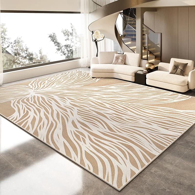 Minimalistyczny dywan w kremowym stylu do salonu na dużej powierzchni, mata podłogowa, sofa, stolik kawowy i koc do dekoracji domu