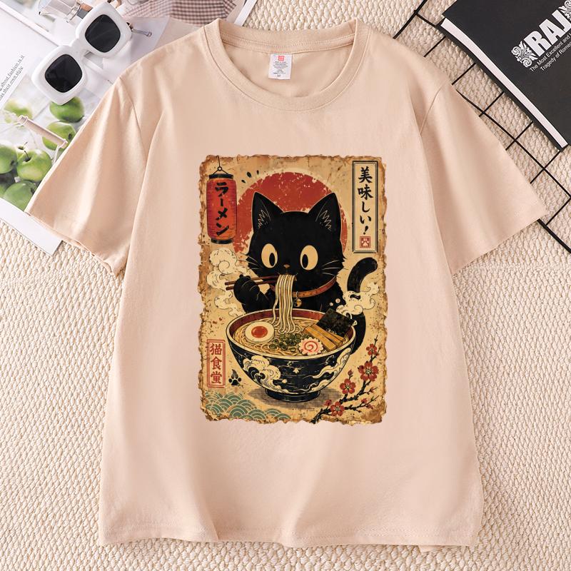 Raunisex Cat T Shirt Black Cat Noodles Tee Japanese Food Tshirt Unisex Unisex Round Neck Print Fashion TShirt Streetwear Clothes