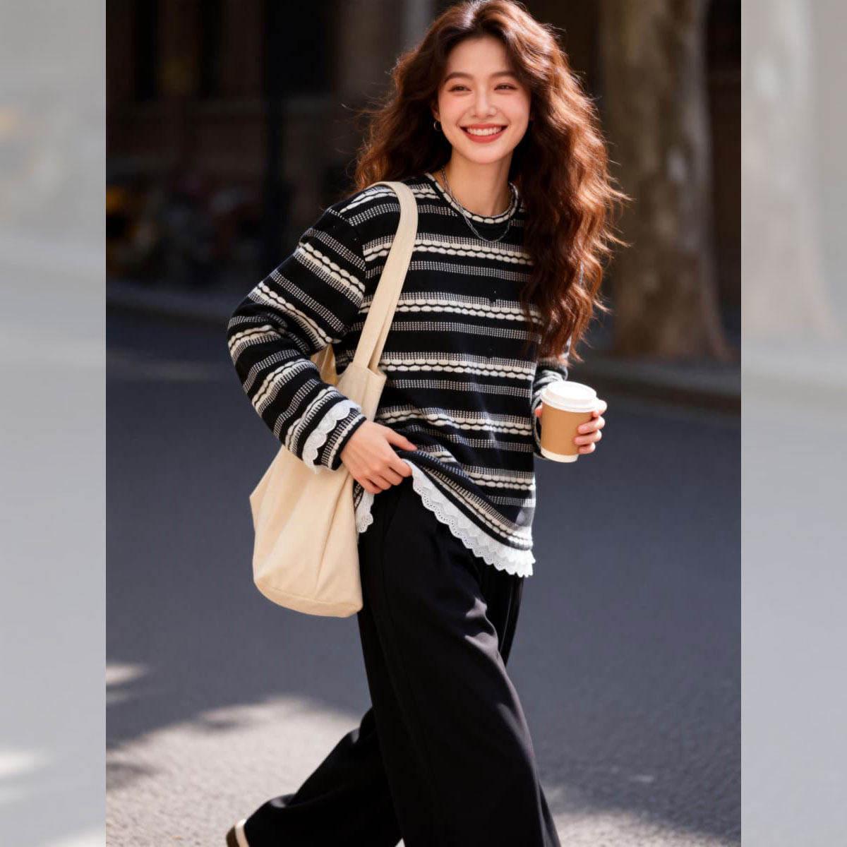 Korean Style Women s Casual Striped Sweater with Lace Patchwork Hem 2XL чёрный