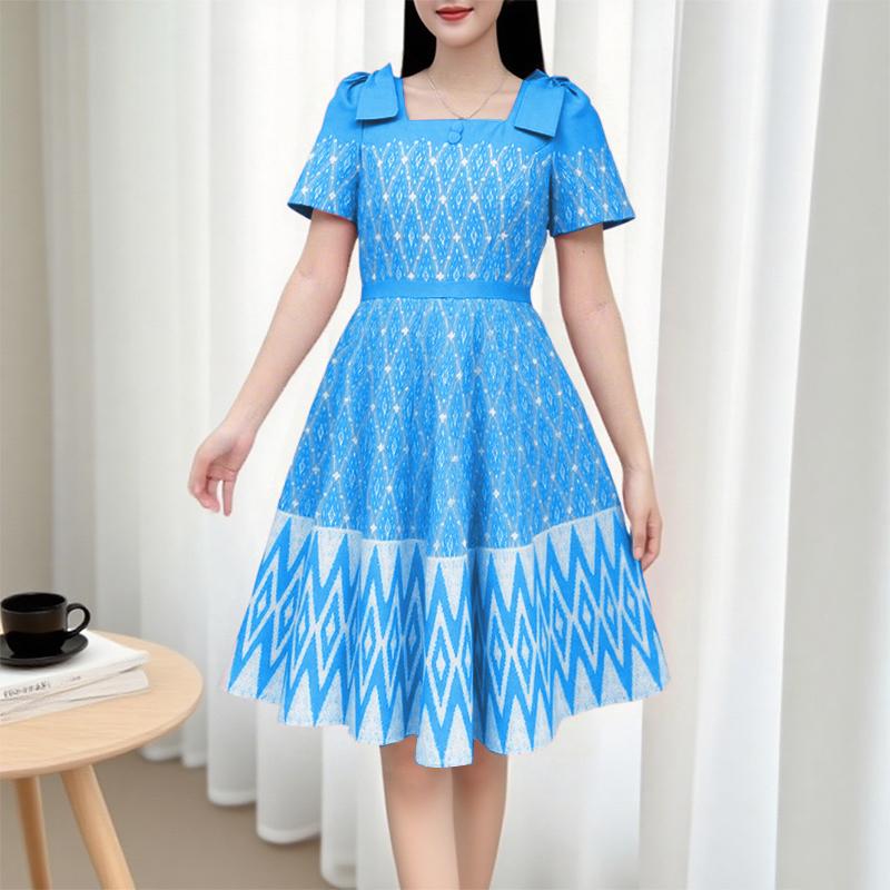 

ZANZEA Womens Print Casual Square Neck Summer Short Sleeve Dress 5XL синий