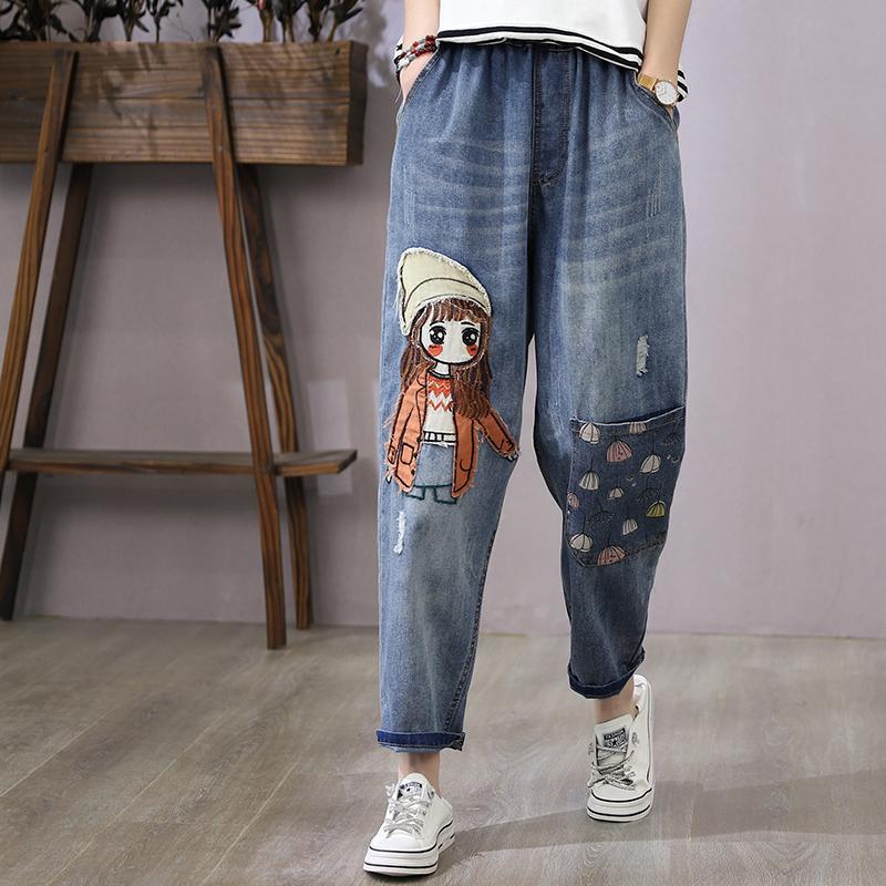 Summer Embroidery Cropped Pants Jeans Loose Slimming High Waisted Harem Pants