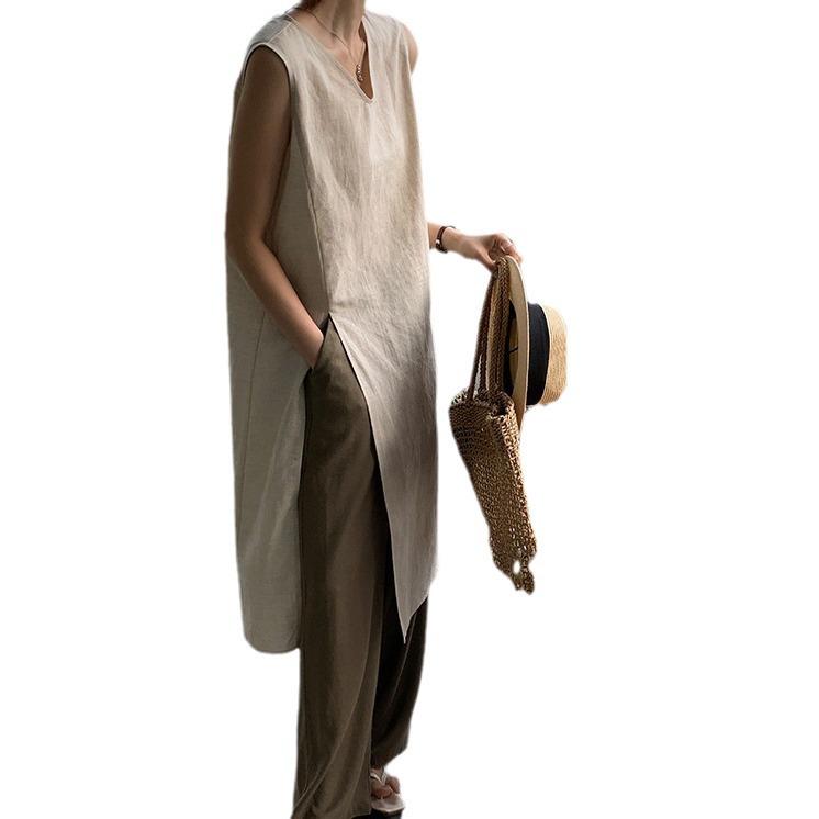 2025 Summer Sleeveless V-neck Linen Cotton Over-the-Knee Dress for Women - Solid Color, Simple Slit Design