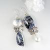 Gorgeous Round Pearls Earrings Asymmetrical Jewelry Vintage Silver Color Metal Engraved Butterfly Blue Pattern Dangle Earrings