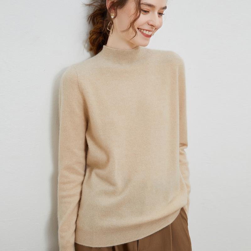 First-line Ready-to-wear% Wool Sweater Women's Semi-turtleneck Autumn and Winter Solid Color Loose Pullover Knitted Bottoming Sweater