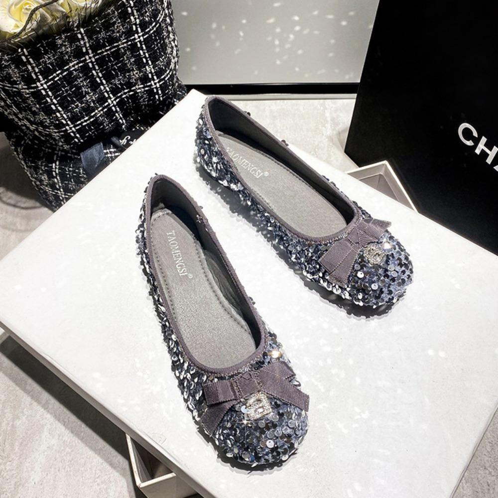 Fashion Women Flat Shoes Shallow Mouth Sparkling Sequin Bow Flat Shoes Temperament Single Shoe Women Flats Womens Shoes Fashion