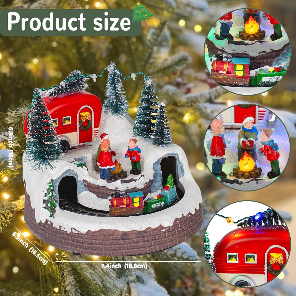 Christmas Village Houses Campfire Scene with LED Lights and Moving Train Indoor Home Tabletop Decorations Holiday Displays USB