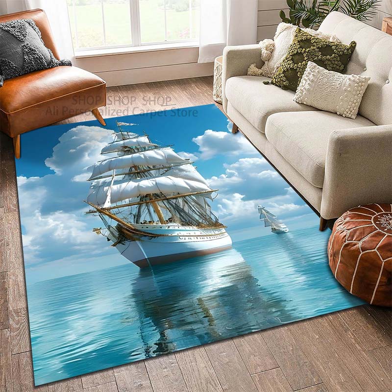 Medieval Sailing Ships At Sea Pattern Carpet for Living Room Bedroom Sofa Home Decor Non-slip Floor Mat Large Size Outdoor Rug