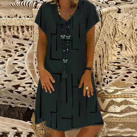 Robe Vintage pour Femme, Couleur Unie, Col en V, Manches Courtes, Imprimée, Coupe Ample, Longueur Genou