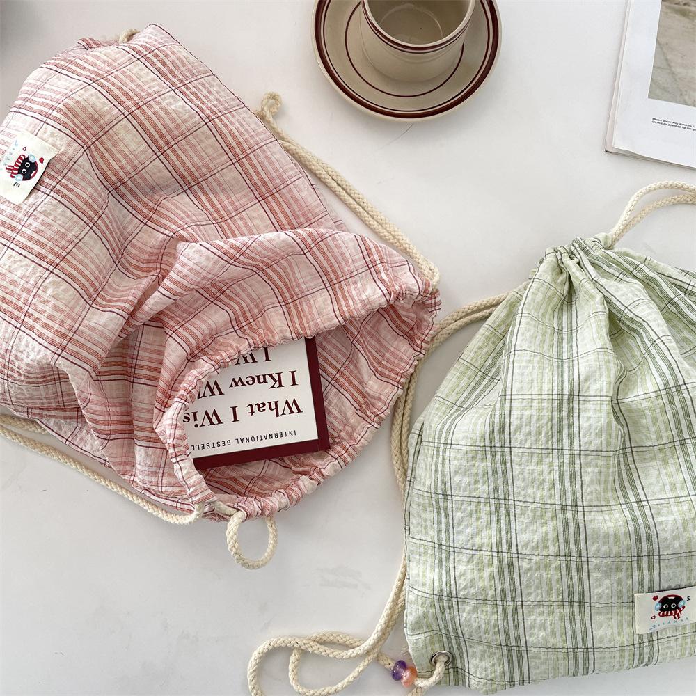 New Fashion Trend Drawstring Backpack Beaded Summer Plaid Canvas Backpack Simple