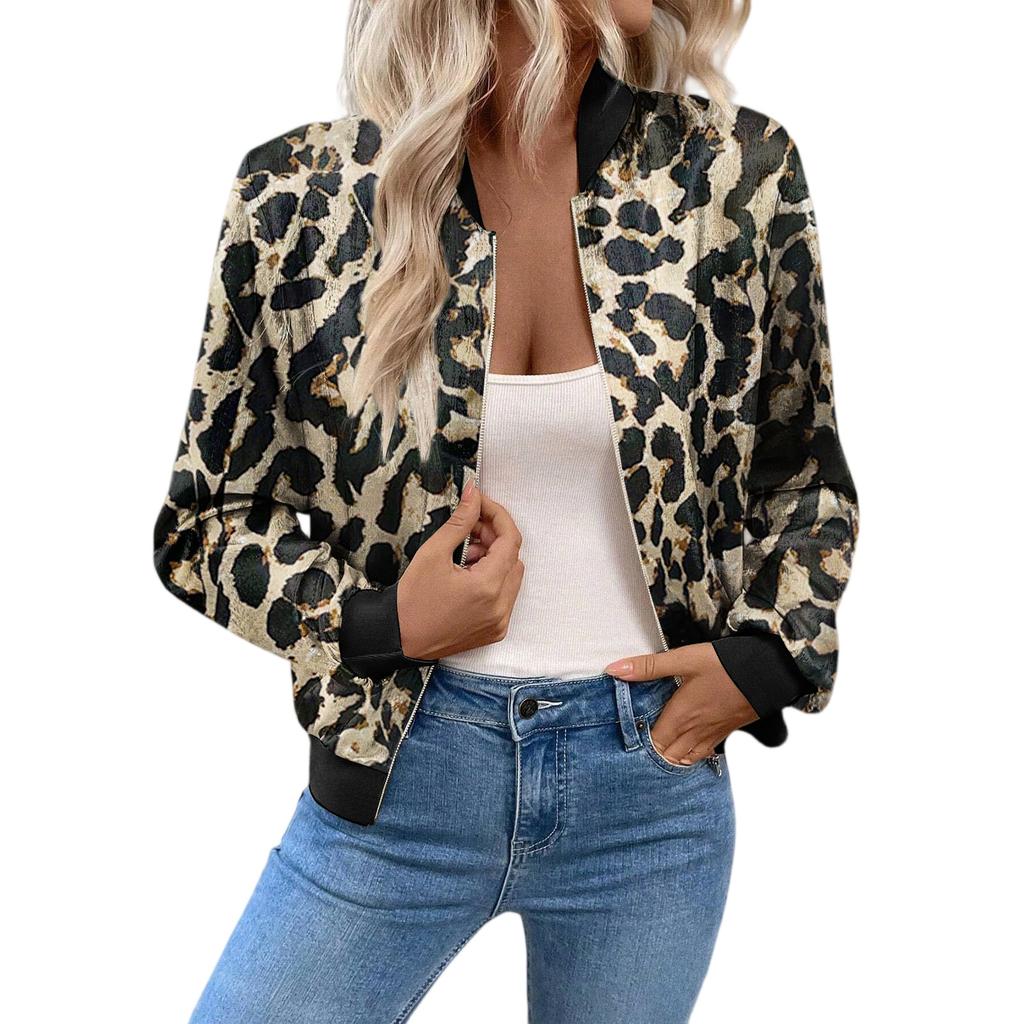 Women’s Leopard Print Bomber Jacket – Casual Lightweight Zip-Up Long Sleeve Fashion Outerwear for Spring and Fall Style
