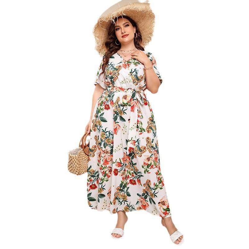 Brazil's hot-selling large-size loose V-neck dress women's elastic waist short-sleeved printed long skirt