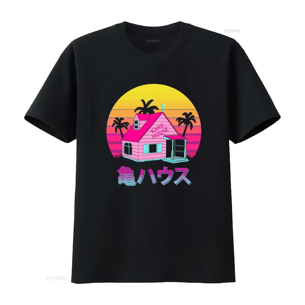 Kame House Sennin Funny Cartoon Mens Black T Shirt Retro Sunset Palms Design Size S to 5XL vintage Washed Soft fashion